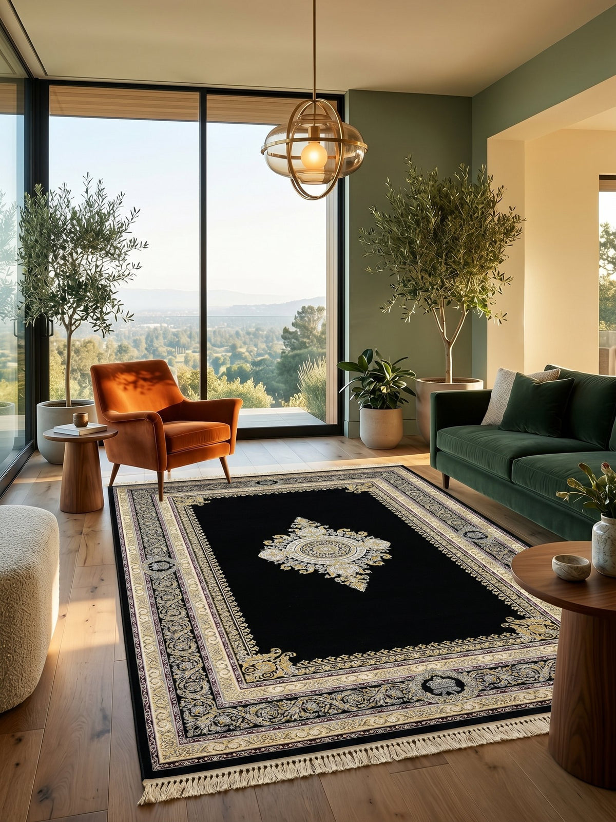 Gold Medallion Darbar Persian Rug styled in a room — Stylish Rugs & Carpets, Sacramento