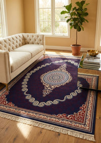 Red & Gold Scroll Persian Rug · 1200 Reeds — size 8.2x11.5 Feet (250x350 cm) 9Meters shown to scale in a living room — Stylish Rugs & Carpets, Sacramento