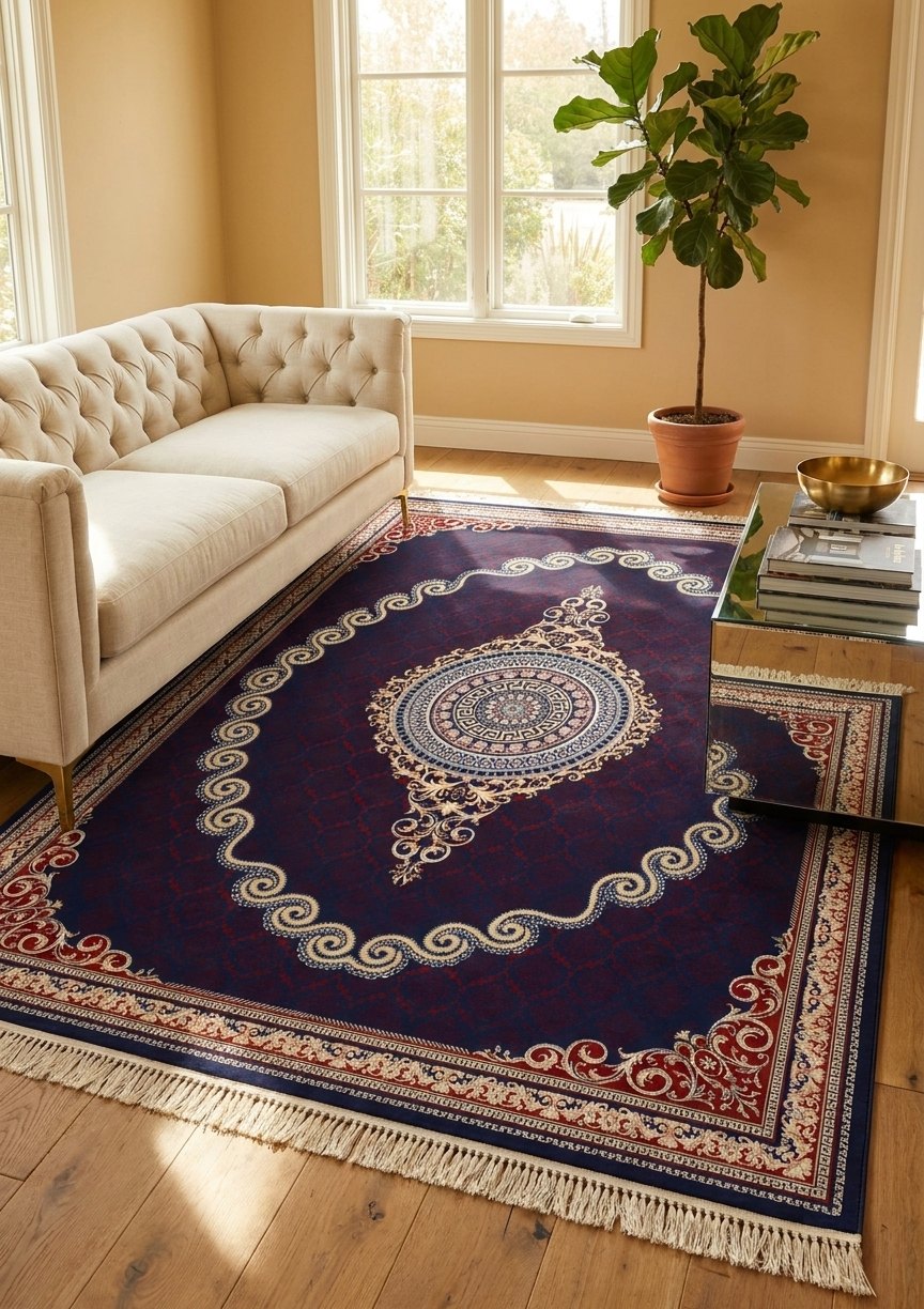 Red & Gold Scroll Persian Rug · 1200 Reeds — size 8.2x11.5 Feet (250x350 cm) 9Meters shown to scale in a living room — Stylish Rugs & Carpets, Sacramento