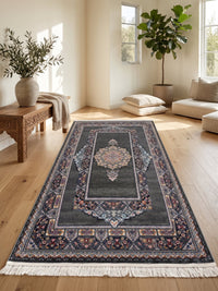 Dark Gray Classic Medallion Persian Rug · 1200 Reeds — size 3x13 Feet (91x400 cm) 4Meters Runner shown to scale in a living room — Stylish Rugs & Carpets, Sacramento