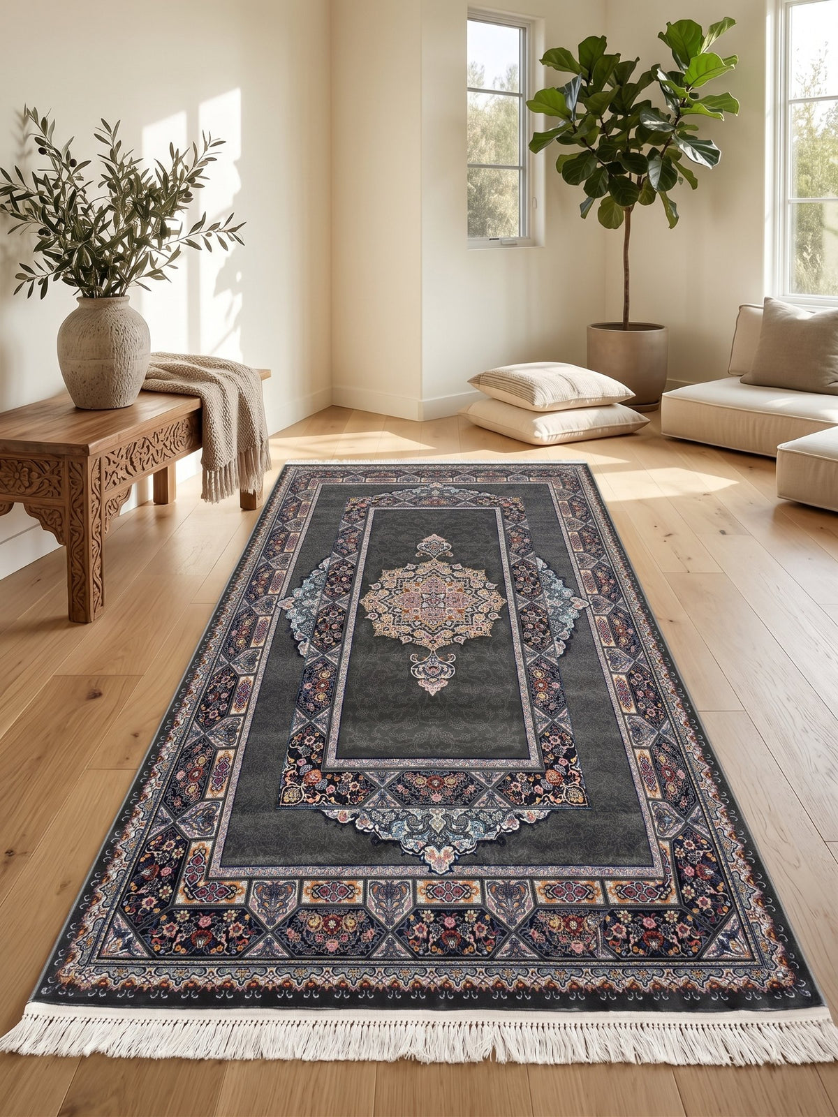 Dark Gray Classic Medallion Persian Rug · 1200 Reeds — size 3x13 Feet (91x400 cm) 4Meters Runner shown to scale in a living room — Stylish Rugs & Carpets, Sacramento