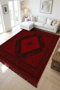 Red & Black Open Diamond Turkish Rug — area rug styled in a room, Stylish Rugs & Carpets, Sacramento