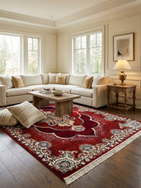 Mafkoor Persian Rug, Red — 1200 Reeds — area rug styled in a room, Stylish Rugs & Carpets, Sacramento