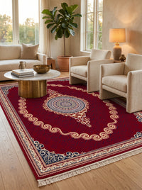 Crimson Red & Gold Scroll Persian Rug · 1200 Reeds — size 3x6Feet (91x200cm)  2Meters Runner shown to scale in a living room — Stylish Rugs & Carpets, Sacramento