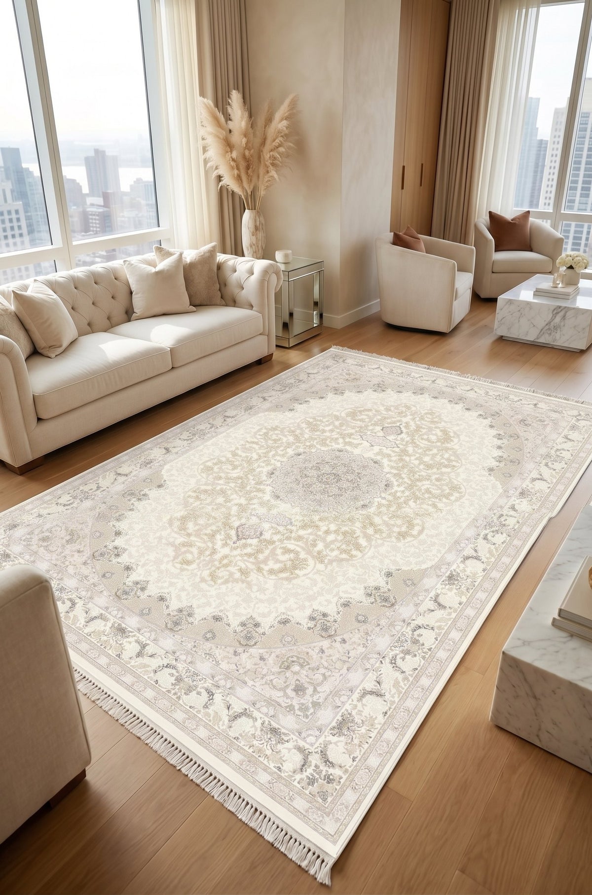 Cream Classical Medallion Rug - Shadow Art Silk — area rug styled in a room, Stylish Rugs & Carpets, Sacramento