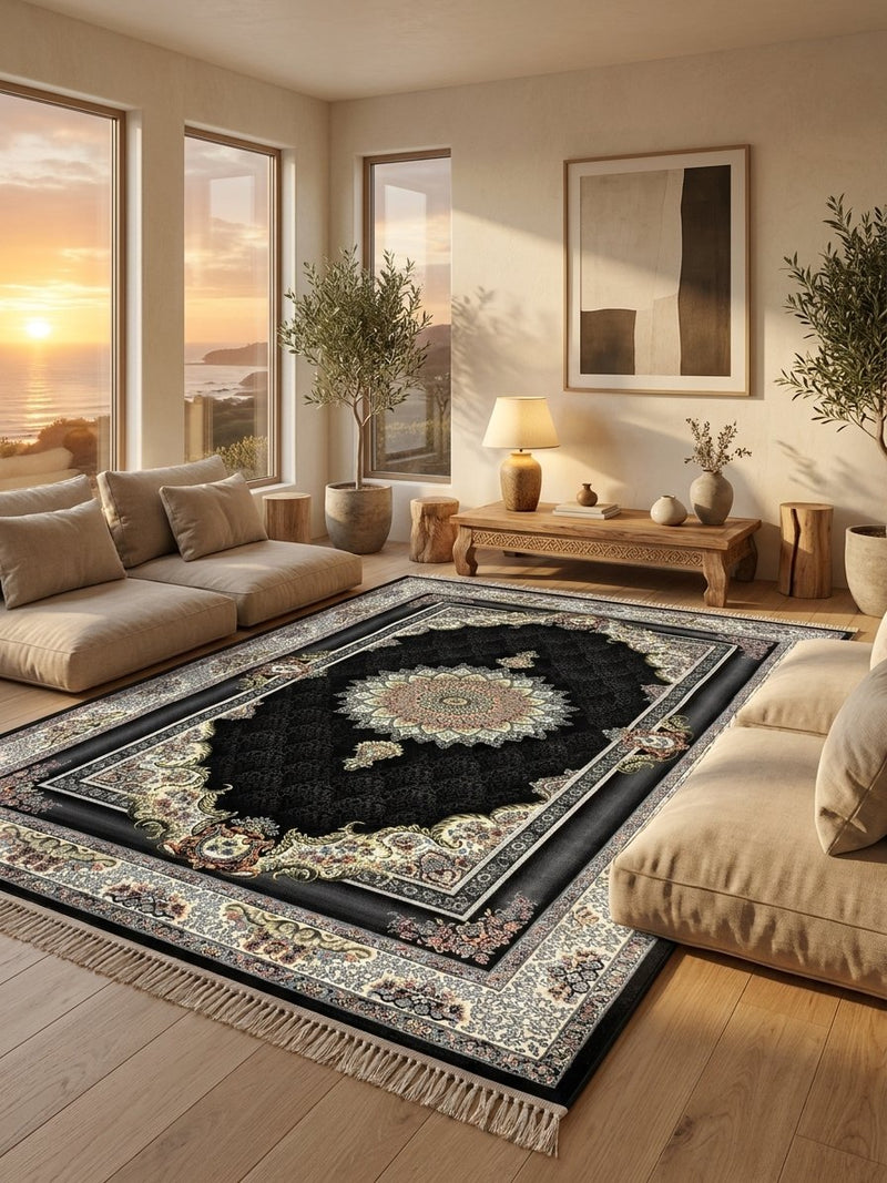 Black and Gold Floral Medallion Turkish Rug | Stylish Rugs