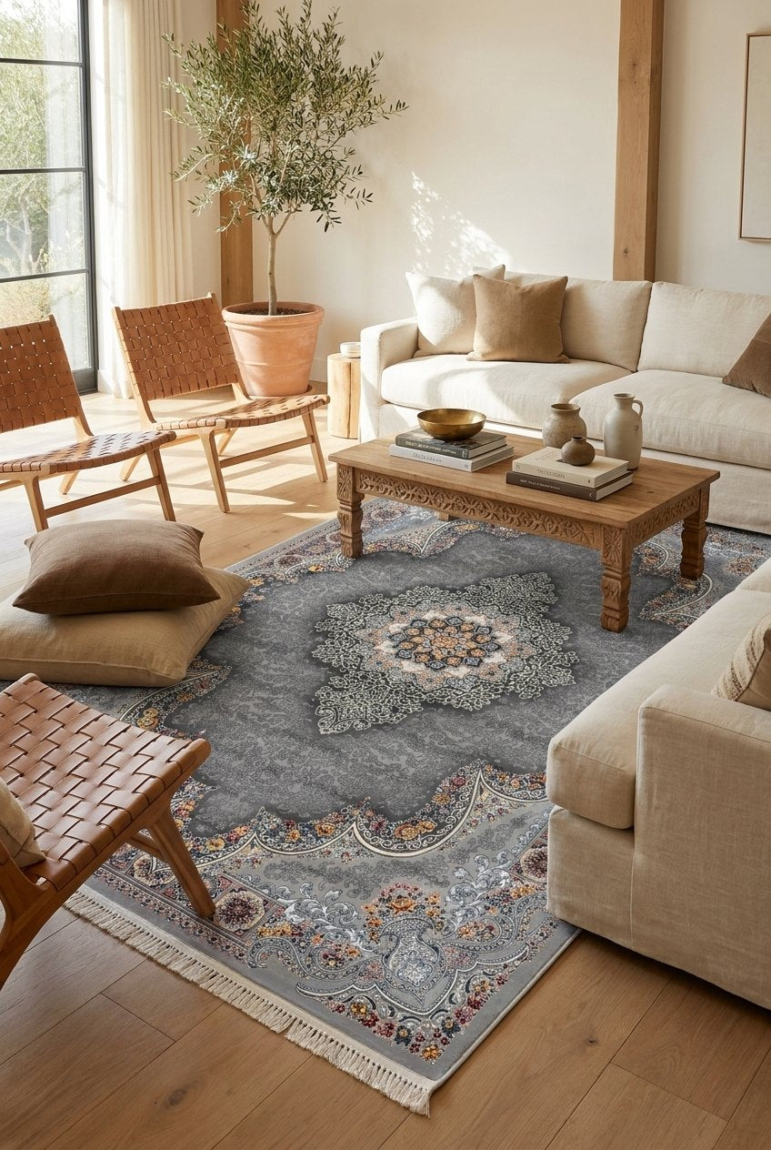 Light Gray Medallion Persian Rug · 1200 Reeds — size 5x7.5 ft (150x230 cm) 3.5Meters shown to scale in a living room — Stylish Rugs & Carpets, Sacramento