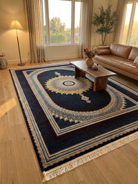 Navy & Burgundy Medallion Persian Rug · 1200 Reeds — size 3x13 Feet (91x400 cm) 4Meters Runner shown to scale in a living room — Stylish Rugs & Carpets, Sacramento