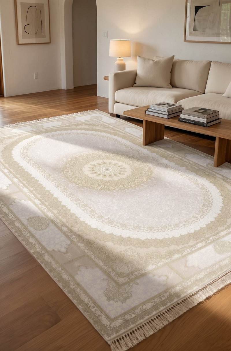 Ivory & Champagne oval medallion rug from the Shadow line, Art Silk pile