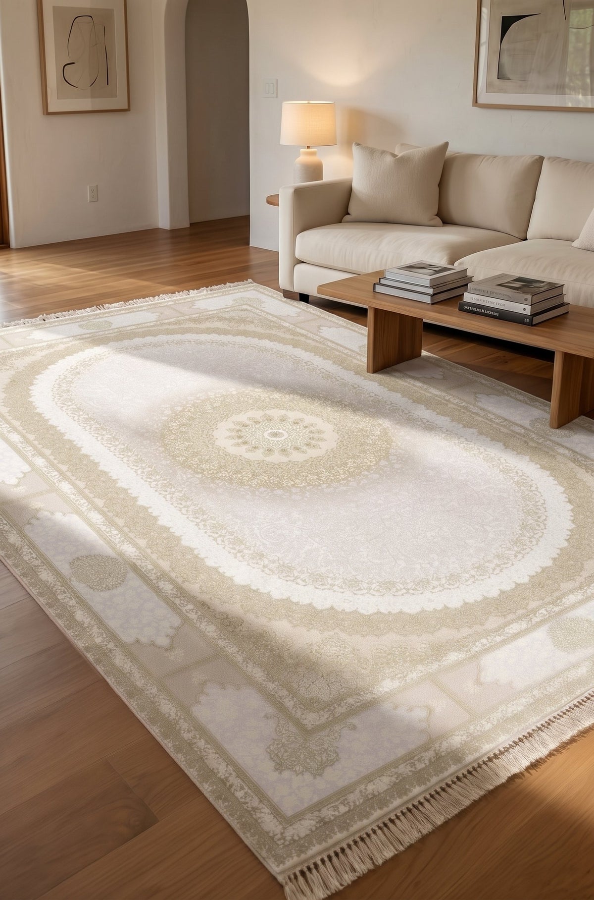 Ivory & Champagne Oval Medallion Rug - Shadow Art Silk — area rug styled in a room, Stylish Rugs & Carpets, Sacramento