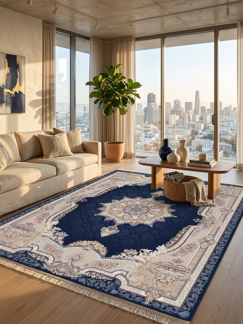 2026 Luxury Persian-Inspired Traditional Rug Deep Navy Blue Ornate Frame Medallion 1200 Reeds