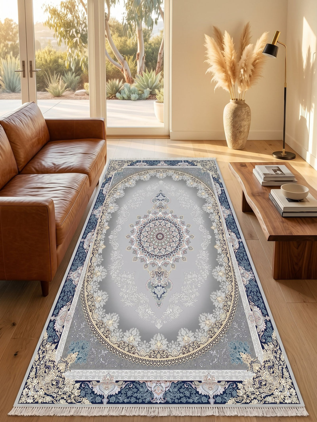 Navy-Border Silver Oval Medallion Persian Rug · 1200 Reeds — size 3x10Feet (91x300cm)  3Meters Runner shown to scale in a living room — Stylish Rugs & Carpets, Sacramento