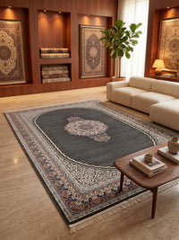 Dark Gray Medallion Persian Area Rug · 1200 Reeds styled in a room — Stylish Rugs & Carpets, Sacramento