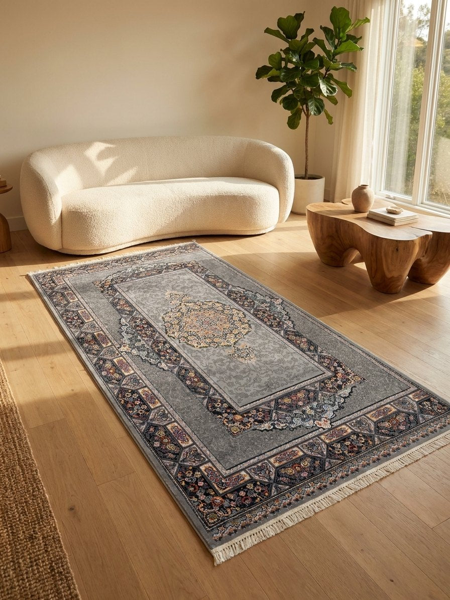 Light Gray Medallion Persian Rug · 1200 Reeds — size 3x10Feet (91x300cm)  3Meters Runner shown to scale in a living room — Stylish Rugs & Carpets, Sacramento