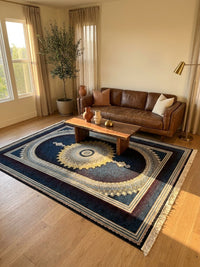 Navy & Burgundy Medallion Persian Rug · 1200 Reeds — size 6.5x10 Feet (200x300 cm) 6Meters shown to scale in a living room — Stylish Rugs & Carpets, Sacramento