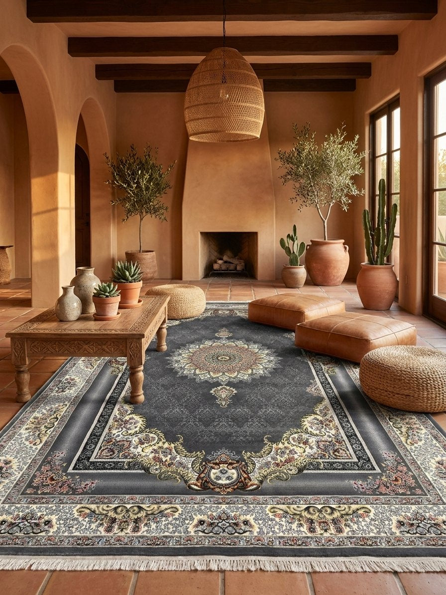 Dark Gray Floral Turkish Rug rug styled in a Sacramento home — Stylish Rugs & Carpets