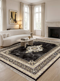 Black & Gold Marble Medallion Persian Rug — area rug styled in a room, Stylish Rugs & Carpets, Sacramento