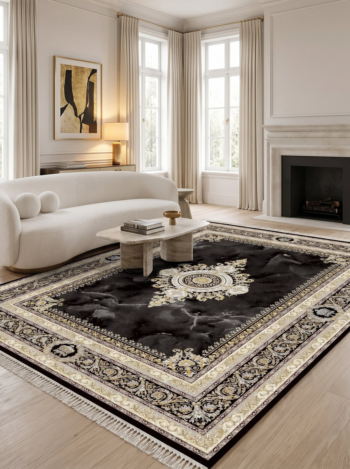 Black & Gold Marble Medallion Persian Rug — area rug styled in a room, Stylish Rugs & Carpets, Sacramento
