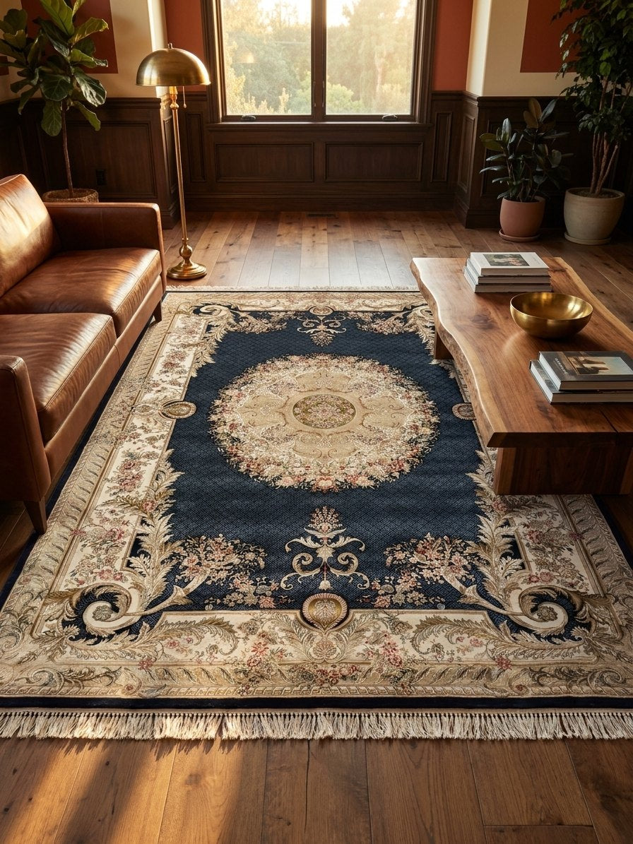 Persian Classic Carpet with Navy Background, Golden Medallion, and Cream Floral Borders rug styled in a Sacramento home — Stylish Rugs & Carpets