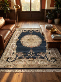 Persian Classic Carpet with Navy Background, Golden Medallion, and Cream Floral Borders rug styled in a Sacramento home — Stylish Rugs & Carpets