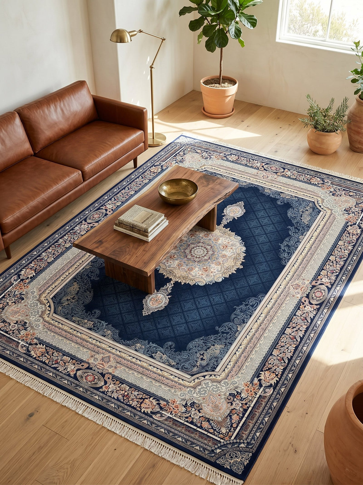Deep Navy Medallion Persian Rug · 1200 Reeds styled in a room — Stylish Rugs & Carpets, Sacramento