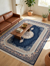 Deep Navy Medallion Persian Rug · 1200 Reeds styled in a room — Stylish Rugs & Carpets, Sacramento