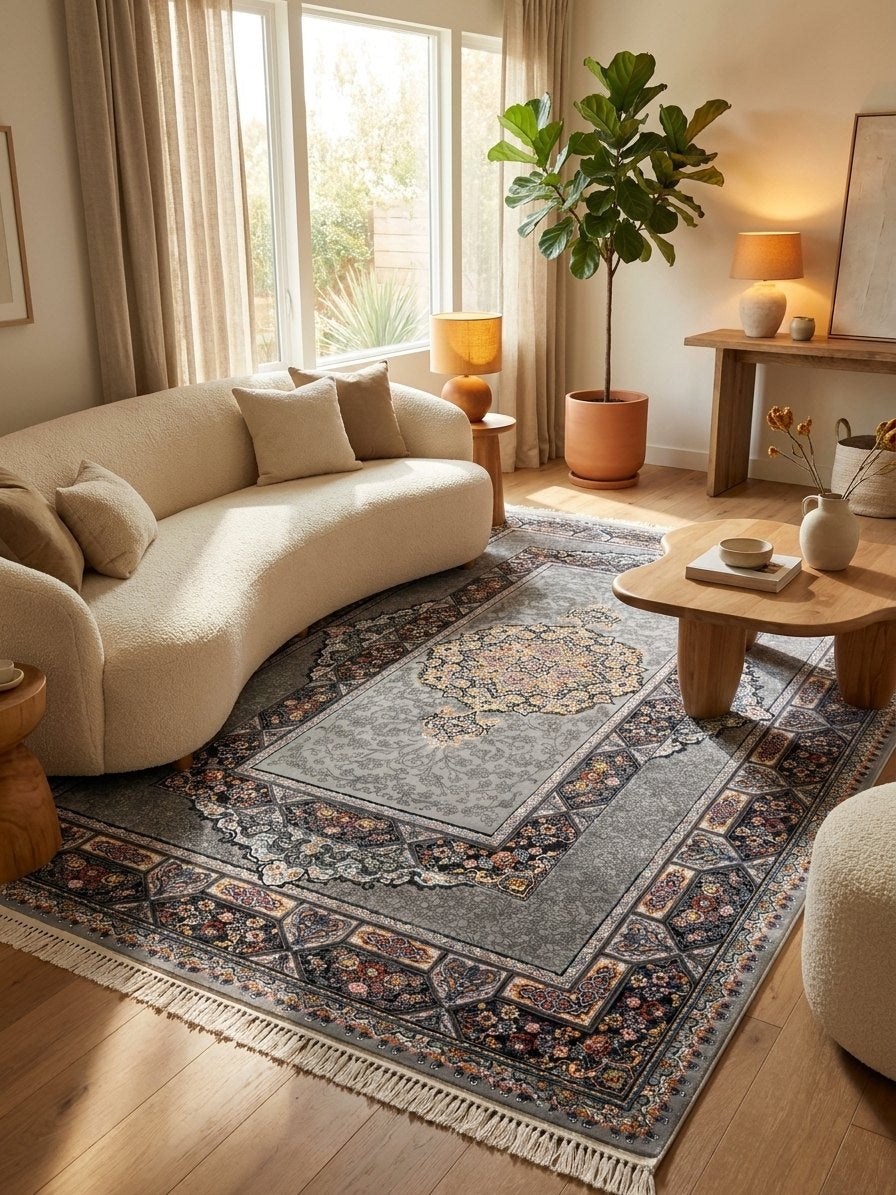 Light Gray Medallion Persian Rug · 1200 Reeds — size 6.5x10 Feet (200x300 cm) 6Meters shown to scale in a living room — Stylish Rugs & Carpets, Sacramento