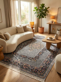 Light Gray Medallion Persian Rug · 1200 Reeds — size 6.5x10 Feet (200x300 cm) 6Meters shown to scale in a living room — Stylish Rugs & Carpets, Sacramento