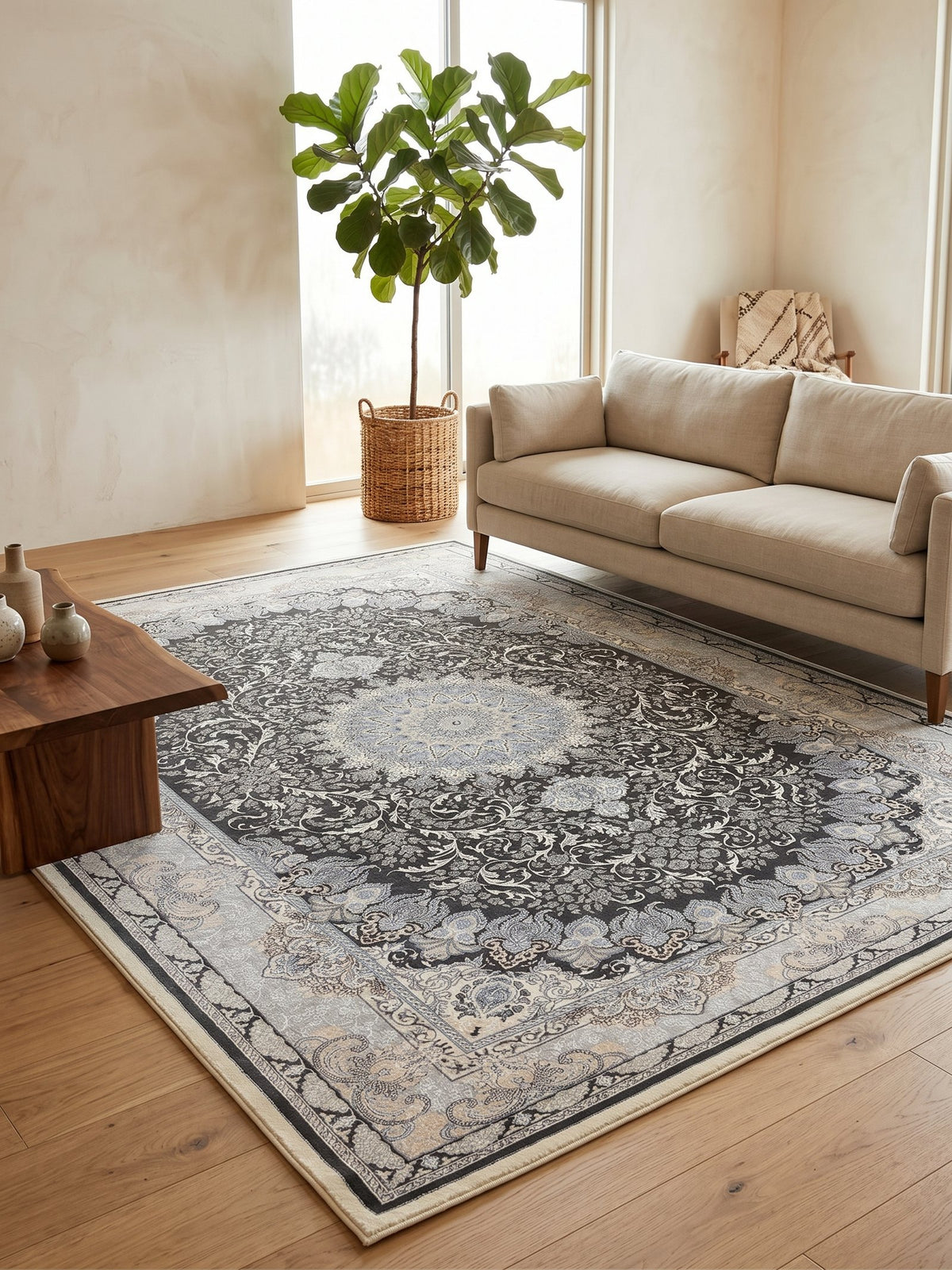 Persian Carpet - Gray & Gold and Cream Background styled in a room — Stylish Rugs & Carpets, Sacramento