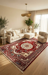 Red & Cream Persian Floral Rug — size Microfiber / 8.2x11.5 Feet (250x350 cm) shown to scale in a living room — Stylish Rugs & Carpets, Sacramento