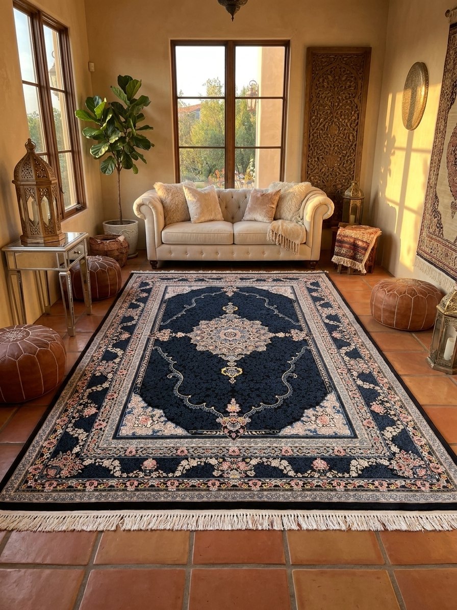 Navy Medallion Persian Rug · 1200 Reeds rug styled in a Sacramento home — Stylish Rugs & Carpets