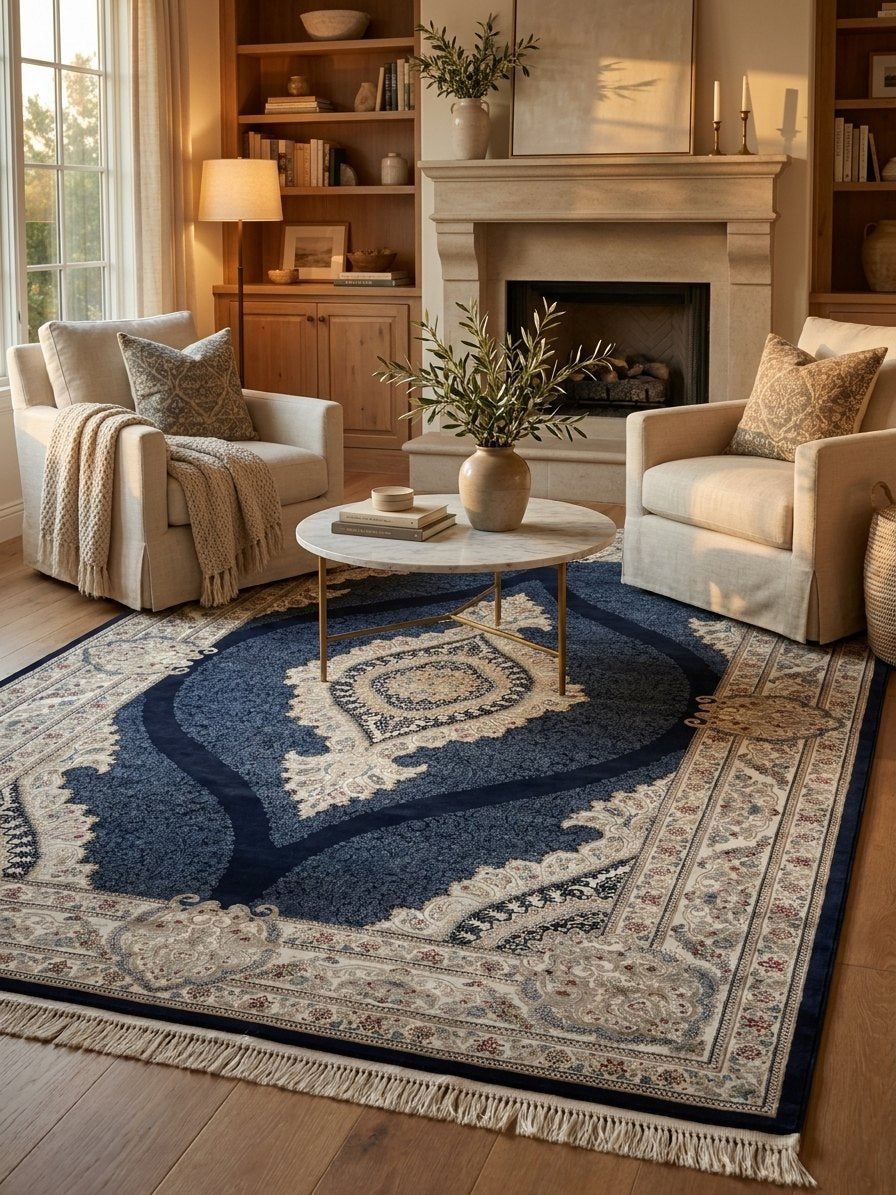 Qom Navy Persian Design Rugs 2 Million Points rug styled in a Sacramento home — Stylish Rugs & Carpets