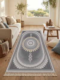 Dark Gray Oval Medallion Persian Rug · 1200 Reeds — size 3x6Feet (91x200cm)  2Meters Runner shown to scale in a living room — Stylish Rugs & Carpets, Sacramento