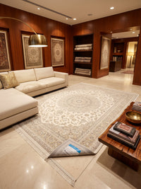Warm Cream & Gold Medallion Persian Rug styled in a room — Stylish Rugs & Carpets, Sacramento