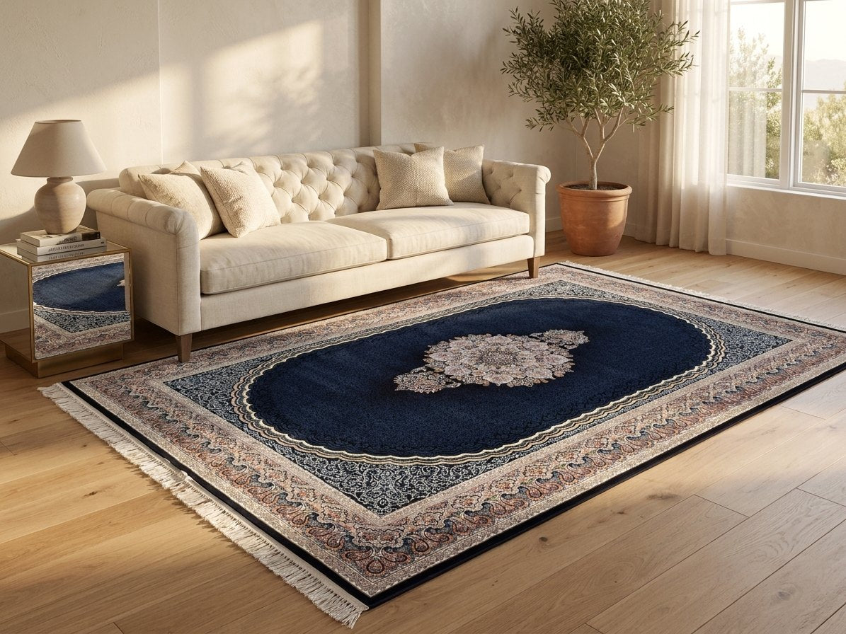 Navy Medallion Persian Rug · 1200 Reeds — size 3x13 Feet (91x400 cm) 4Meters Runner shown to scale in a living room — Stylish Rugs & Carpets, Sacramento