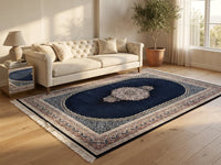 Navy Medallion Persian Rug · 1200 Reeds — size 3x13 Feet (91x400 cm) 4Meters Runner shown to scale in a living room — Stylish Rugs & Carpets, Sacramento