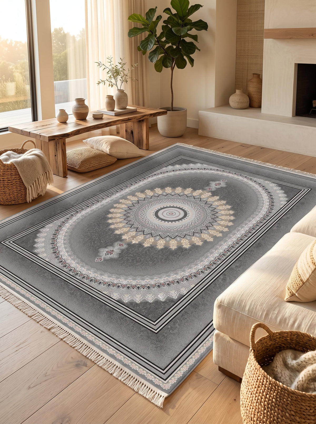 Dark Gray Oval Medallion Persian Rug · 1200 Reeds — size 8.2x11.5 Feet (250x350 cm) 9Meters shown to scale in a living room — Stylish Rugs & Carpets, Sacramento