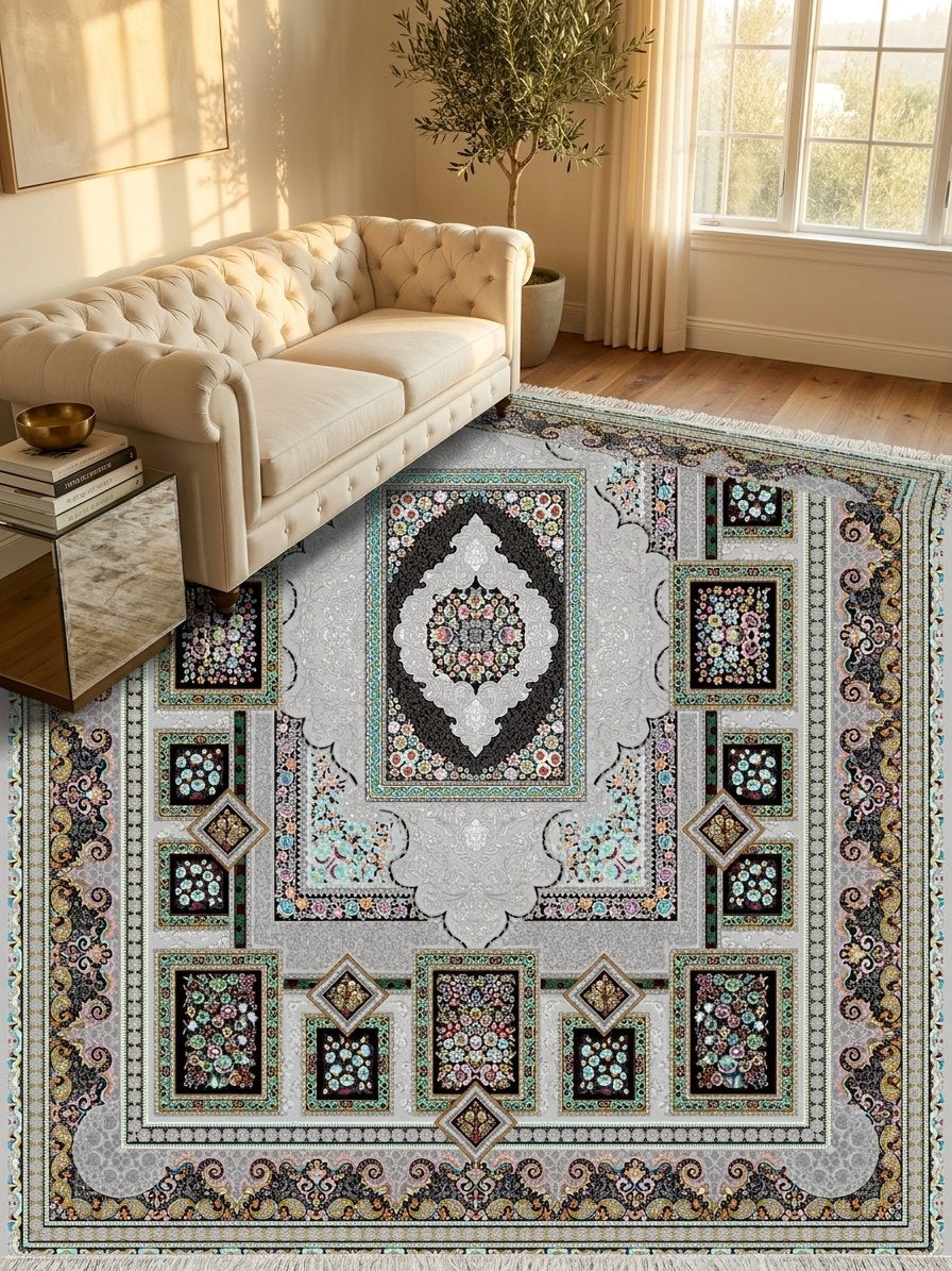 Silver Panel Persian Rug · 1200 Reeds — size 6.5x10 Feet (200x300 cm) 6Meters shown to scale in a living room — Stylish Rugs & Carpets, Sacramento