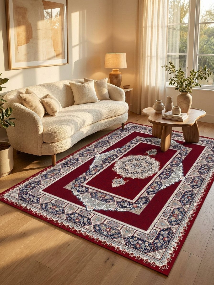 Red Medallion Persian Rug · 1200 Reeds — size 3x10Feet (91x300cm)  3Meters Runner shown to scale in a living room — Stylish Rugs & Carpets, Sacramento