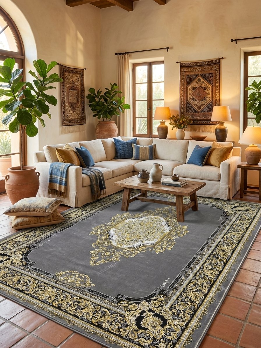 Gray & Gold Medallion Shah Persian Rug rug styled in a Sacramento home — Stylish Rugs & Carpets