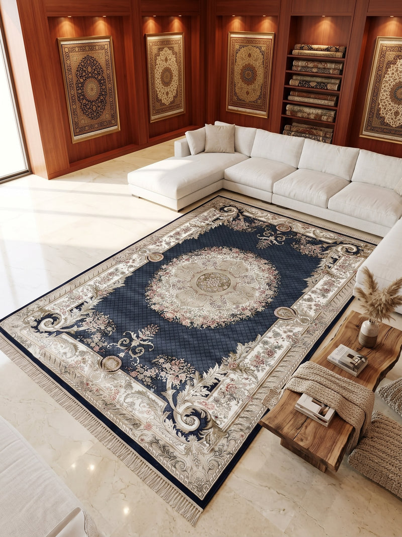 Persian Classic Carpet Navy Background Golden Medallion Cream Floral Borders