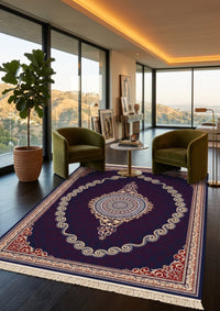 Burgundy & Gold Scroll Persian Rug · 1200 Reeds styled in a room — Stylish Rugs & Carpets, Sacramento