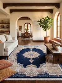 Deep Navy Ornate-Frame Persian Rug · 1200 Reeds styled in a room — Stylish Rugs & Carpets, Sacramento
