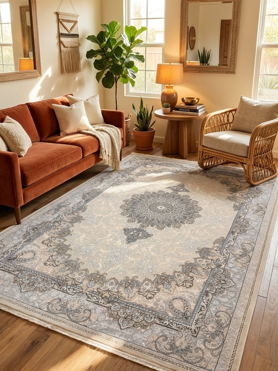 Beige & Cream Floral Turkish Rug rug styled in a Sacramento home — Stylish Rugs & Carpets