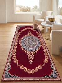 Crimson Red & Gold Scroll Persian Rug · 1200 Reeds — size 3x10Feet (91x300cm)  3Meters Runner shown to scale in a living room — Stylish Rugs & Carpets, Sacramento