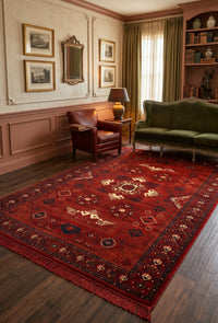 Red & Terracotta Kazak Turkish Rug — area rug styled in a room, Stylish Rugs & Carpets, Sacramento