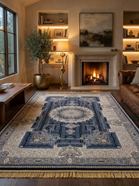 Navy & Cream Medallion Persian Rug styled in a room — Stylish Rugs & Carpets, Sacramento