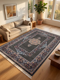 Dark Gray Traditional Medallion Persian Rug · 1200 Reeds — size 5x7.5 ft (150x230 cm) 3.5Meters shown to scale in a living room — Stylish Rugs & Carpets, Sacramento