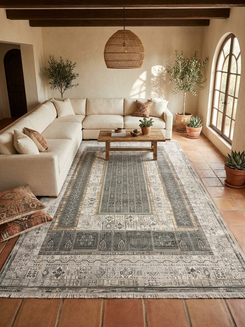Light Gray Geometric Tile Panel Turkish Rug | Stylish Rugs