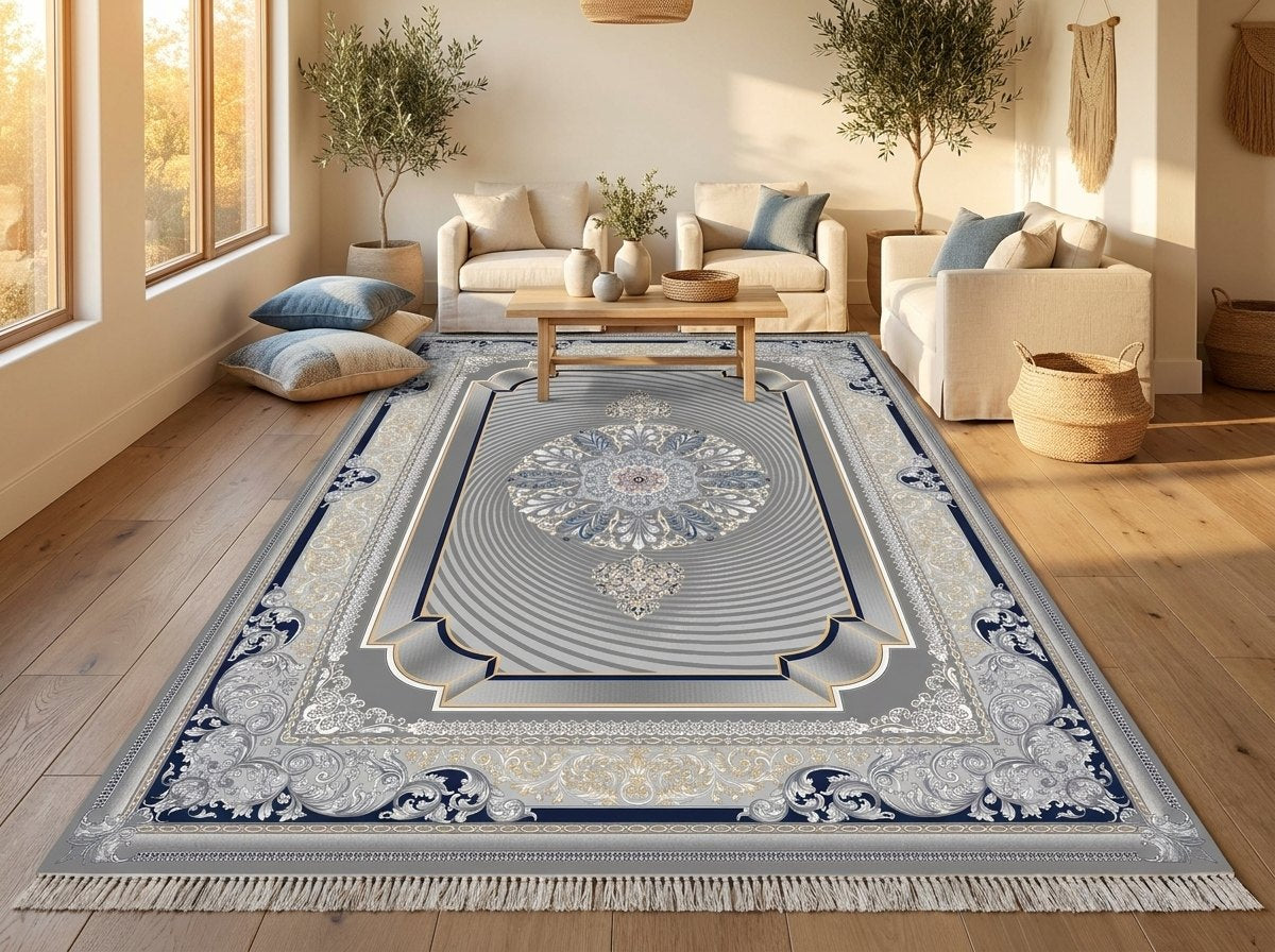 Dark Gray 3D Persian Rug · 1200 Reeds — size 3x13 Feet (91x400 cm) 4Meters Runner shown to scale in a living room — Stylish Rugs & Carpets, Sacramento